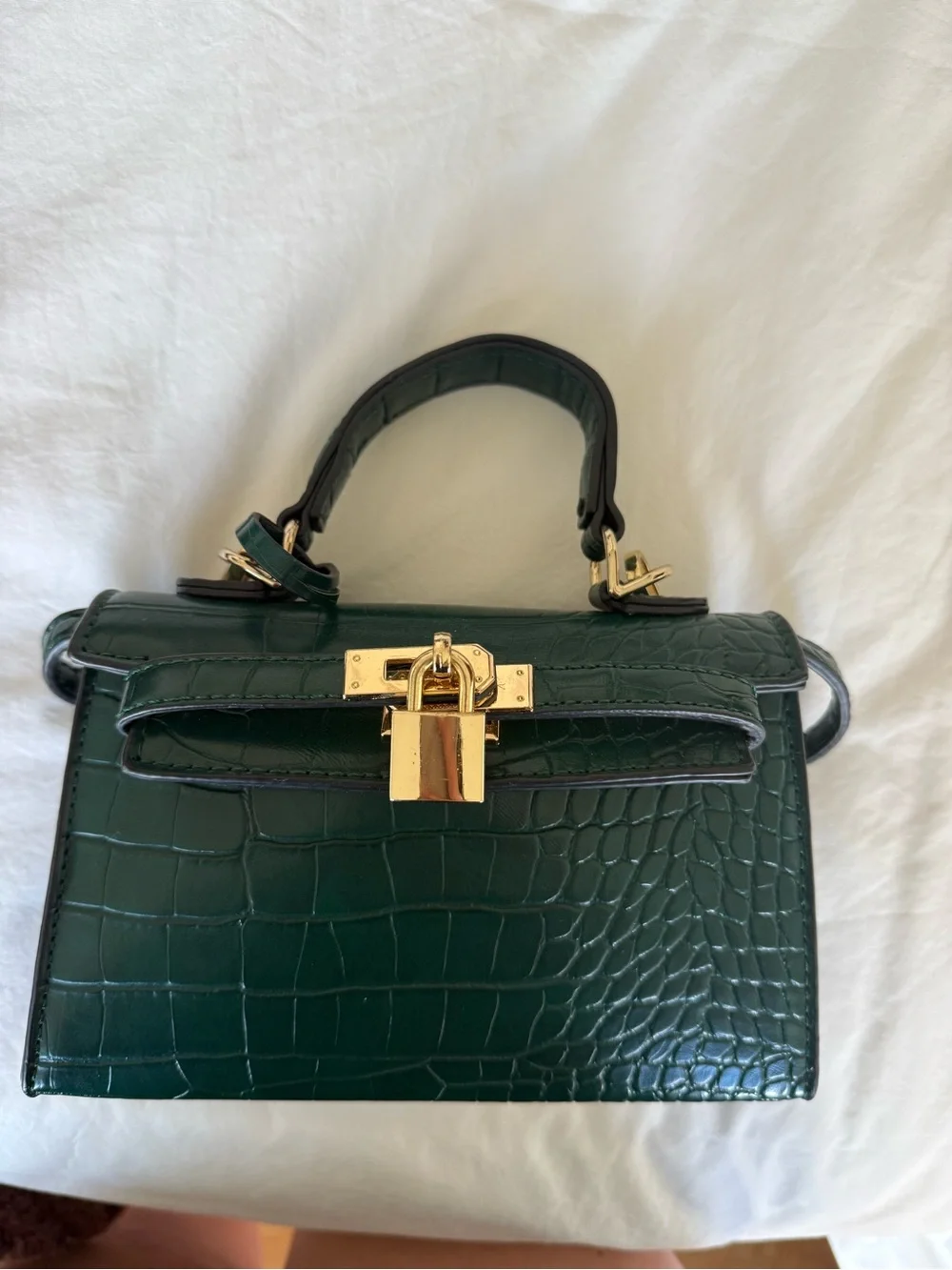 Princess Polly Dark Green Croc-Embossed Top Handle Bag with Gold Lock